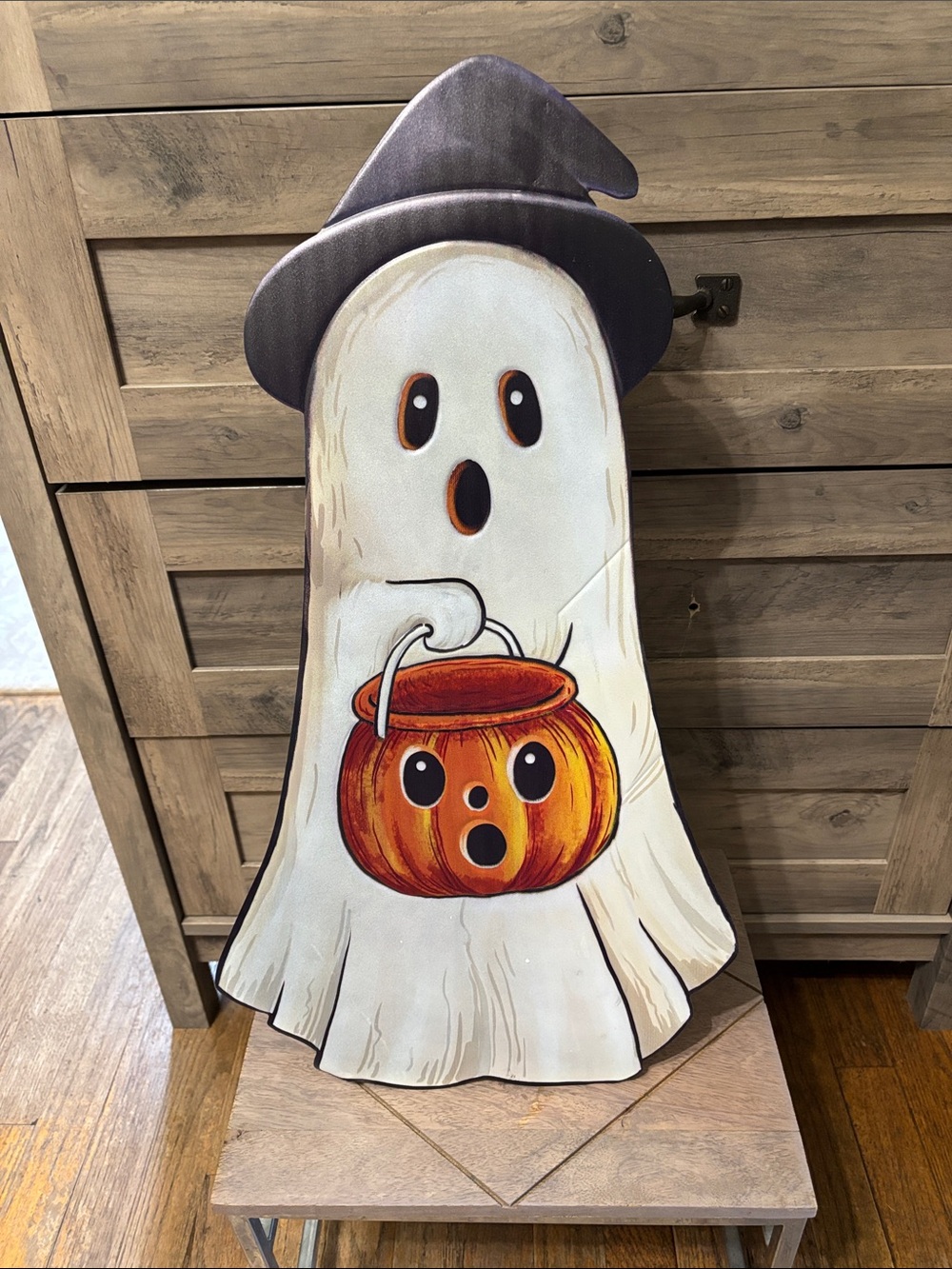 Vintage Retro Inspired Halloween GHOST with Jack o Lantern METAL Porch Sign NEW